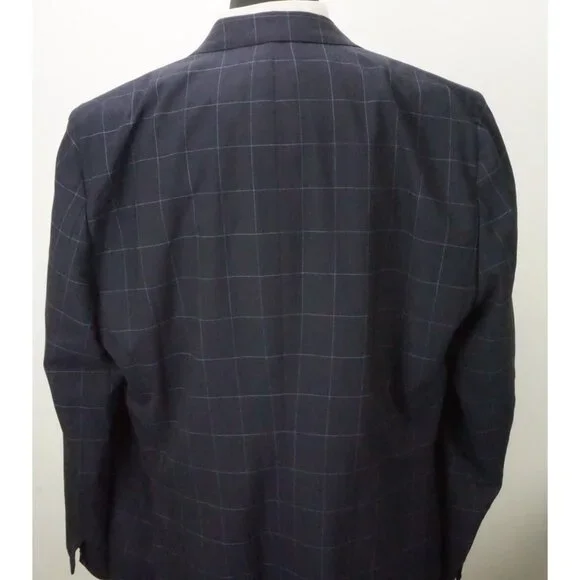 Isaia Napoli 130s Ply Wool Navy Blue Windowpane Sport Coat Jacket 56R NEW